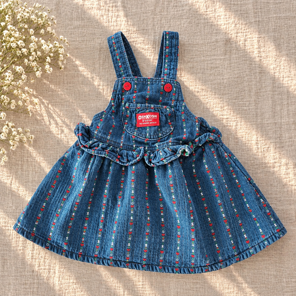 Vintage OshKosh B’Gosh Denim Jumper Dress | 1980s Heart Logo Print | Girls 3T